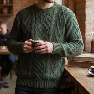 SAOL Ireland Men's Large 100% Merino Wool Aran Cable Knit Sweater Forest Green
